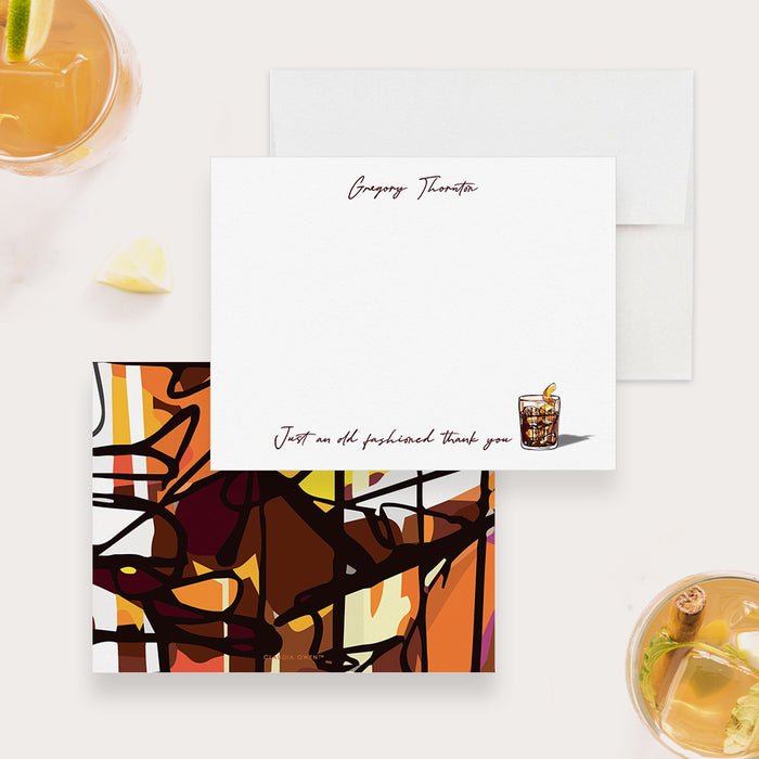 Personalized whiskey thank you card with custom name, old fashioned message, and illustrated whiskey glass with lemon-front-back