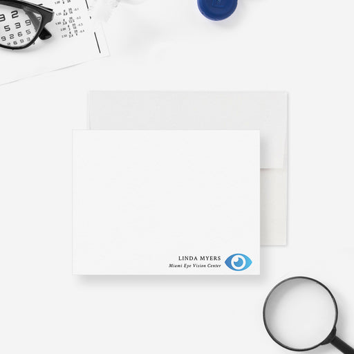 Personalized note card featuring a subtle eye and eyeglass icon, customizable with name—ideal thank-you stationery for optometrists, ophthalmologists, or eye clinic professionals.
