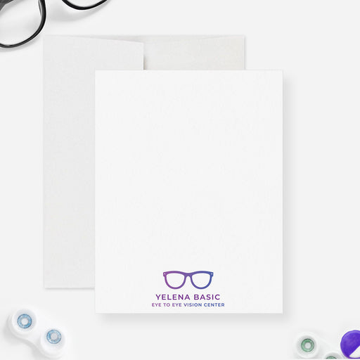 Personalized optometrist note card with a purple glasses icon and practice wording at the bottom of a white front.