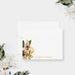 Personalized orchid note card with peach and cream flowers along the left edge and a printed gold name on white.