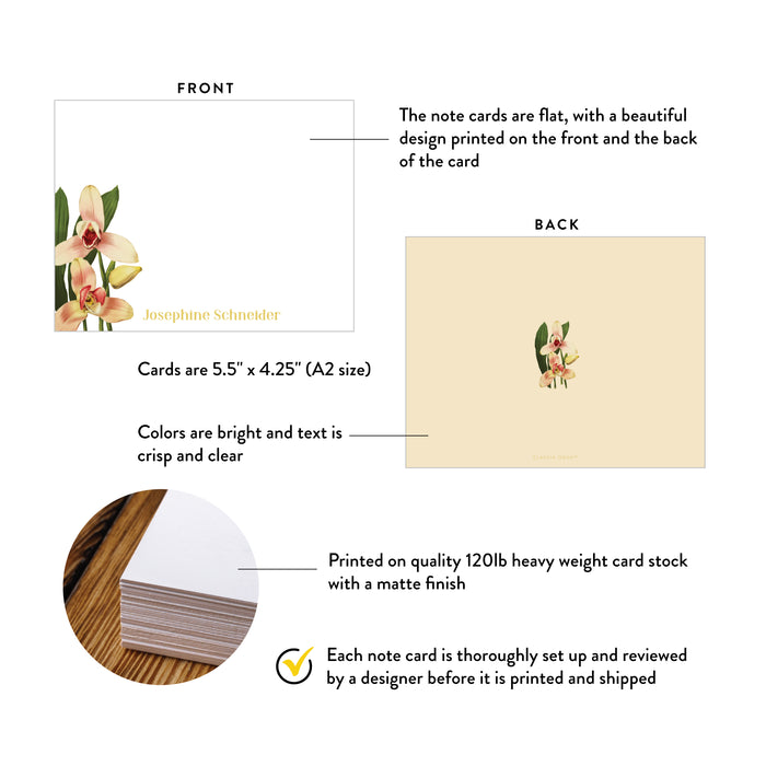 A2 note card specifications: 5.5 × 4.25 inches, double-sided printing and heavyweight 120 lb matte cardstock.