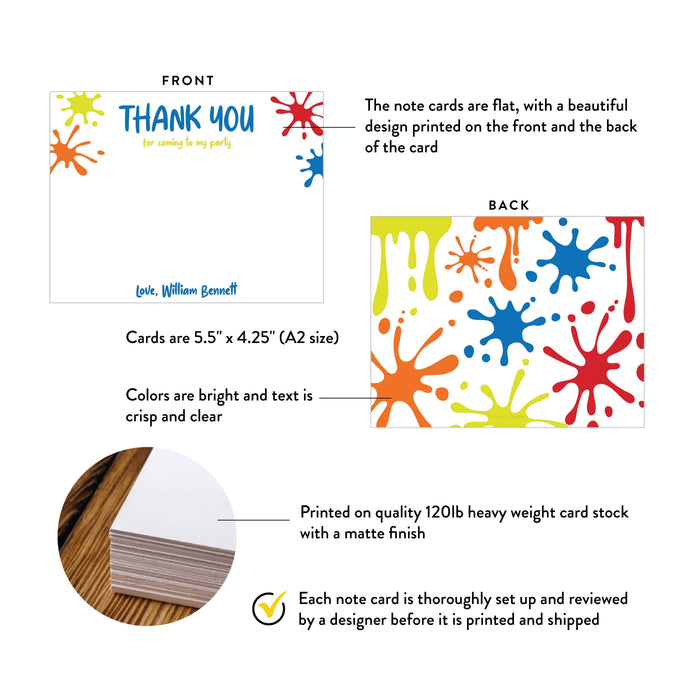 Specifications graphic showing the front and back of personalized paint party thank you cards for kids, A2 size 5.5 × 4.25 inches and matte cardstock.