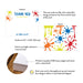 Specifications graphic showing the front and back of personalized paint party thank you cards for kids, A2 size 5.5 × 4.25 inches and matte cardstock.