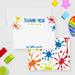 Front and back of personalized note cards with colorful paint splashes, thank you wording and a personalized name and a colorful paint splash patterned back.