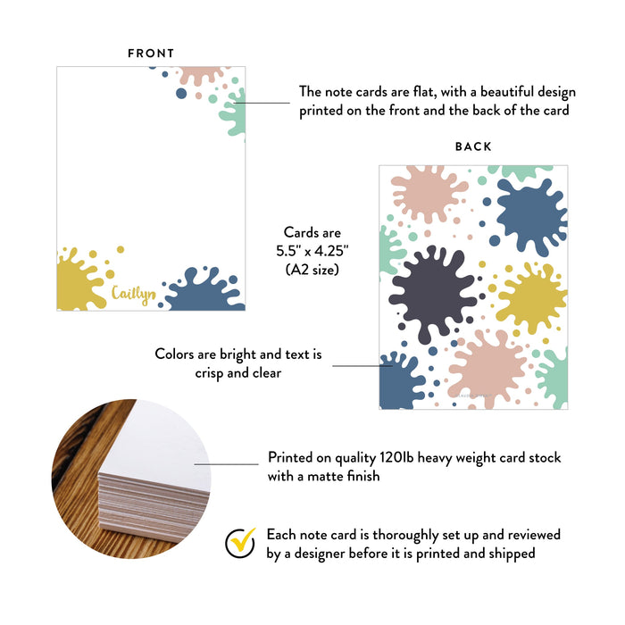 Specifications graphic showing the front and back of personalized paint splatter note cards for artists and teachers, A2 size 5.5 × 4.25 inches and matte cardstock.