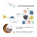 Specifications graphic showing the front and back of personalized paint splatter note cards for artists and teachers, A2 size 5.5 × 4.25 inches and matte cardstock.