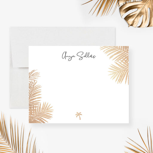 Personalized tropical palm leaf note card with gold details