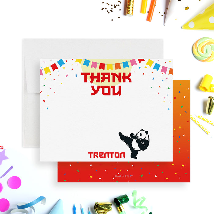 Personalized panda karate thank you card with colorful banner confetti design kids birthday party printed stationery with custom name