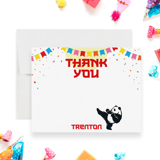 Personalized panda karate thank you card with colorful banner confetti design kids birthday party printed stationery with custom name.
