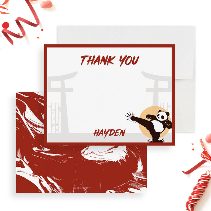 Personalized panda karate thank you card for kids birthday party with red border martial arts theme and custom name printed on premium cardstock