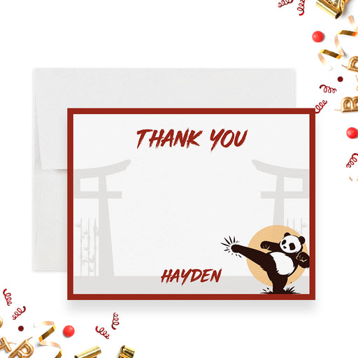 Personalized panda karate thank you card for kids birthday party with red border martial arts theme and custom name printed on premium cardstock