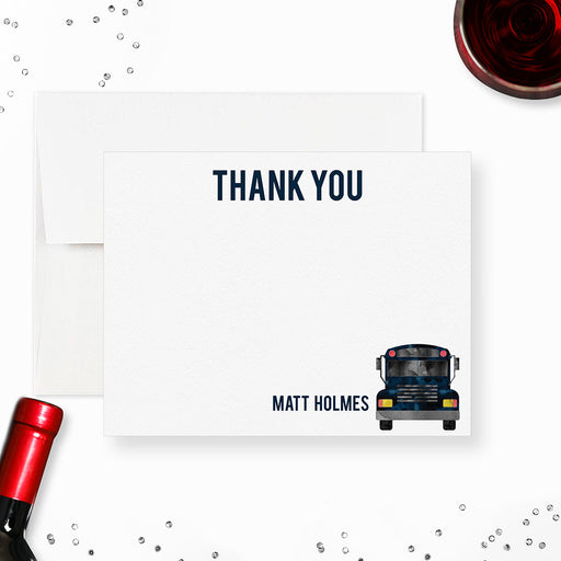 Personalized note card with a party bus illustration, thank you wording and a personalized name, shown with a white envelope.