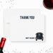 Personalized note card with a party bus illustration, thank you wording and a personalized name, shown with a white envelope.