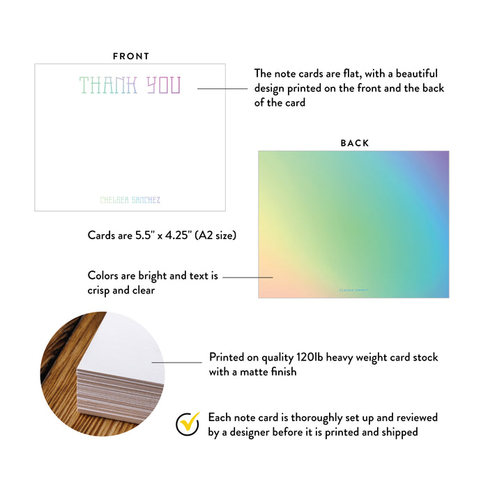 Front and back of personalized pastel gradient thank you cards with A2 size and matte cardstock details.