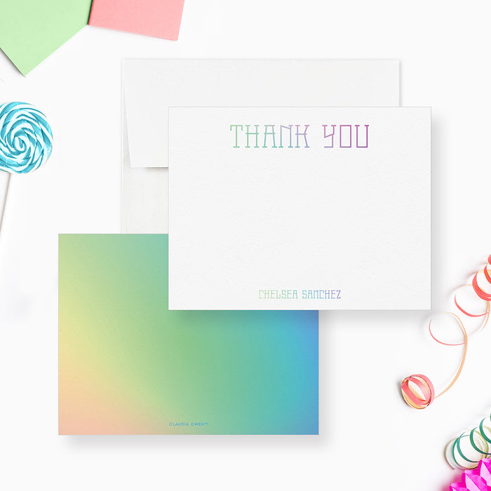 White personalized thank you note card with pastel lettering and a soft multicolor gradient reverse.