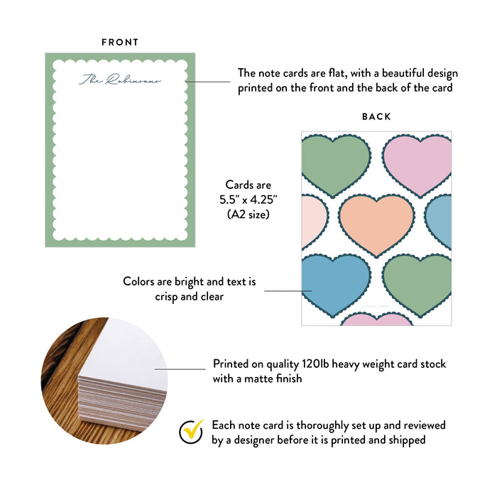 Front and back of personalized pastel heart note cards with scalloped frame with A2 size and matte cardstock details.