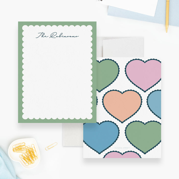 Personalized note cards with a green scalloped writing front and large pastel hearts on the reverse.
