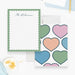 Personalized note cards with a green scalloped writing front and large pastel hearts on the reverse.