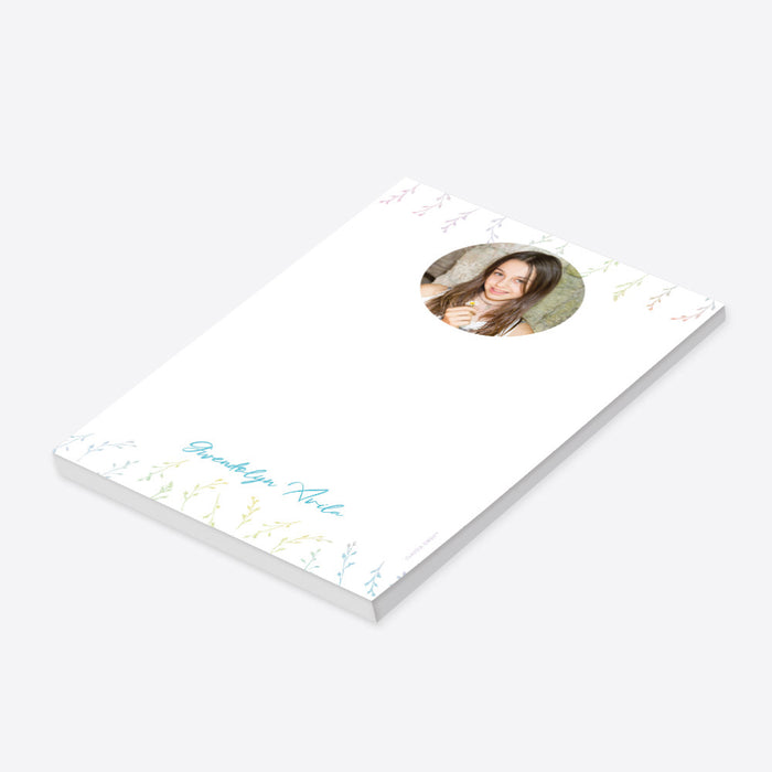 Personalized pastel watercolor wildflower notepad with custom circular photo, custom name and large blank writing area-side