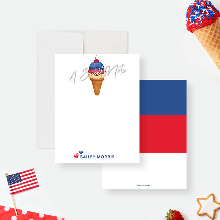 personalized patriotic ice cream thank you card with a red, white, and blue ice cream cone illustration, custom name, and festive 4th of July theme-front-back