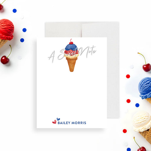 personalized patriotic ice cream thank you card with a red, white, and blue ice cream cone illustration, custom name, and festive 4th of July theme-front