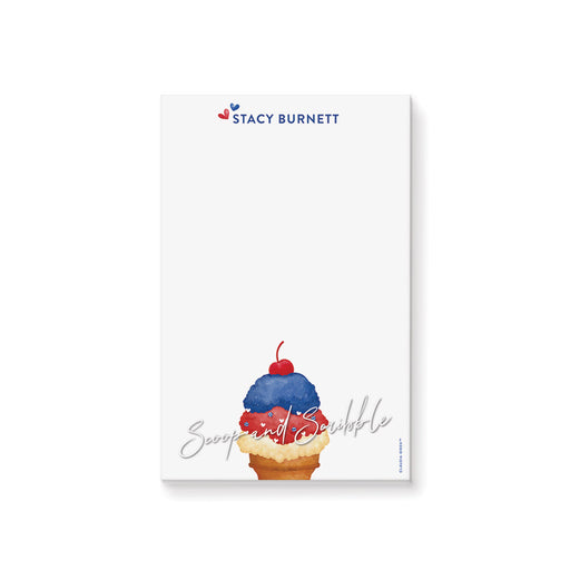 personalized patriotic ice cream notepad with a red, white, and blue ice cream cone illustration, custom name, and blank writing space