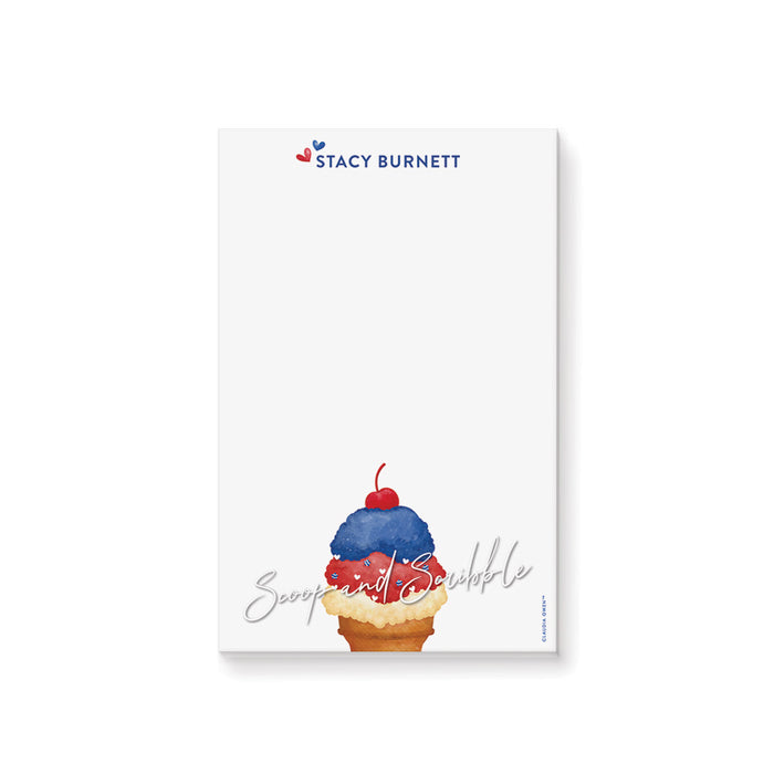 personalized patriotic ice cream notepad with a red, white, and blue ice cream cone illustration, custom name, and blank writing space