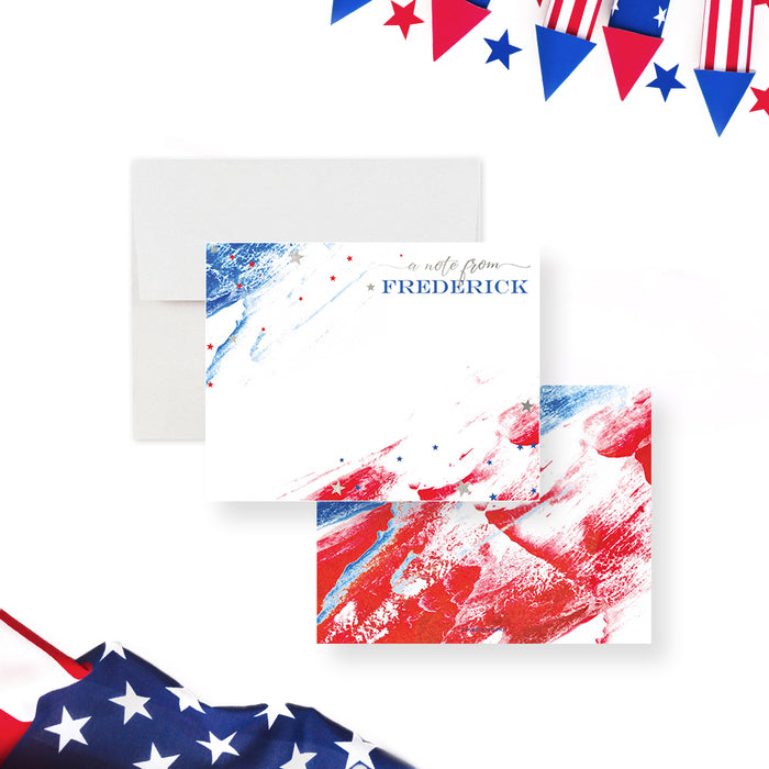 Personalized patriotic note card with red white and blue stars-front-back