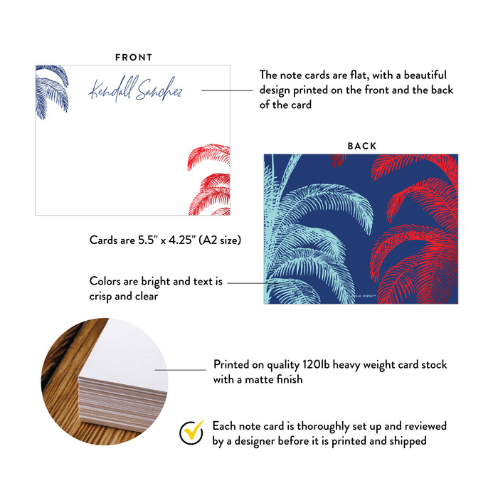 Front and back of personalized patriotic palm tree note cards showing A2 dimensions and matte cardstock details.
