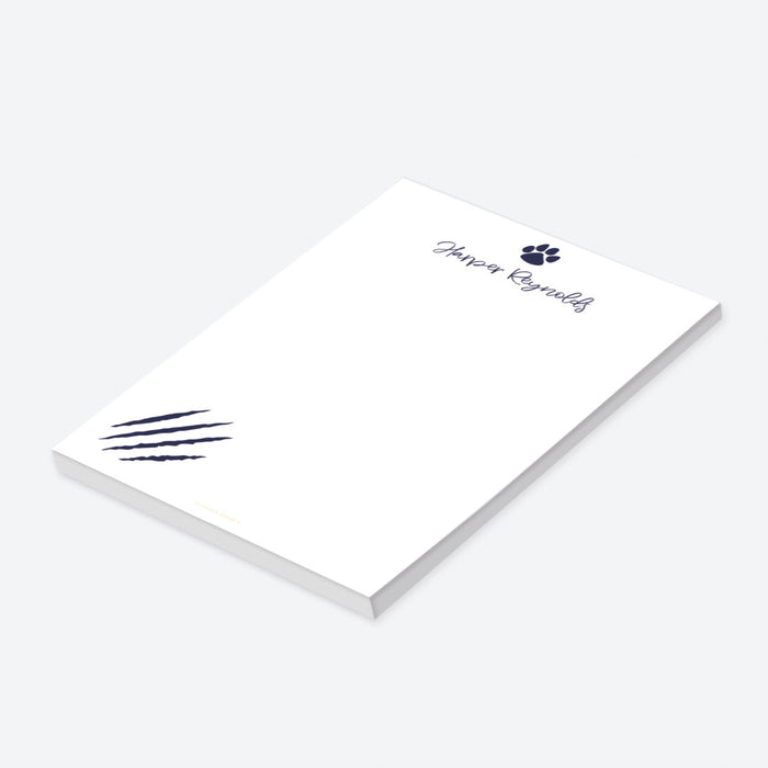 personalized notepad with paw print icon, claw marks and custom name in minimalist design-side