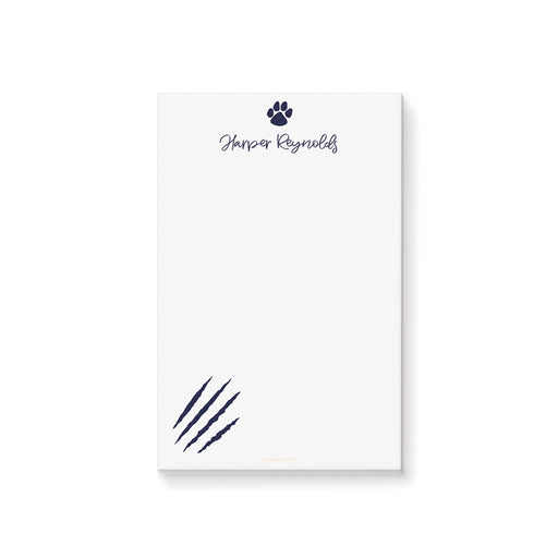 personalized notepad with paw print icon, claw marks and custom name in minimalist design