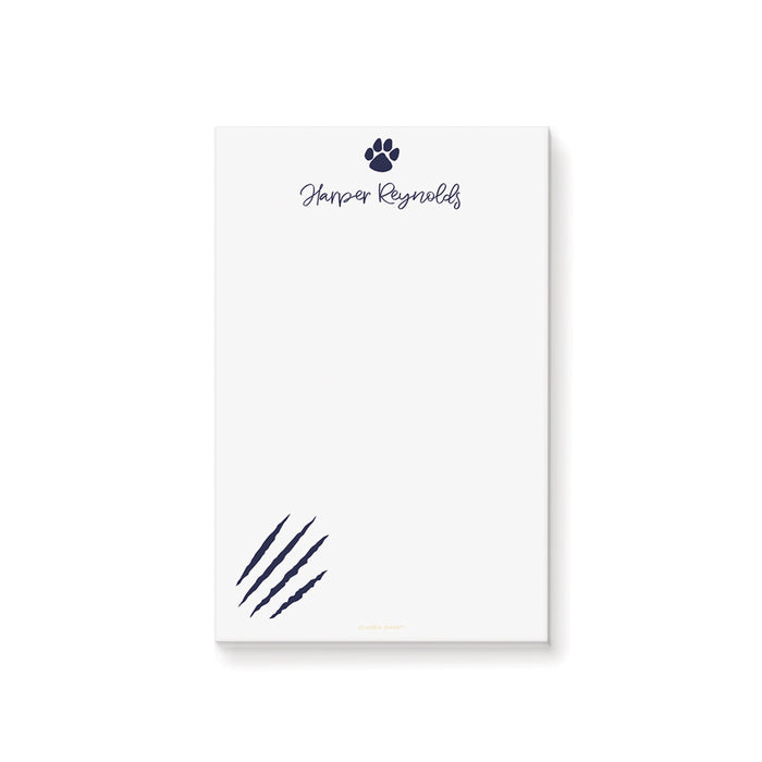 personalized notepad with paw print icon, claw marks and custom name in minimalist design