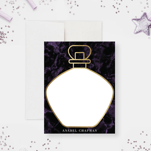 Personalized perfume bottle note card with dark purple marble background and gold outline, elegant stationery set for women