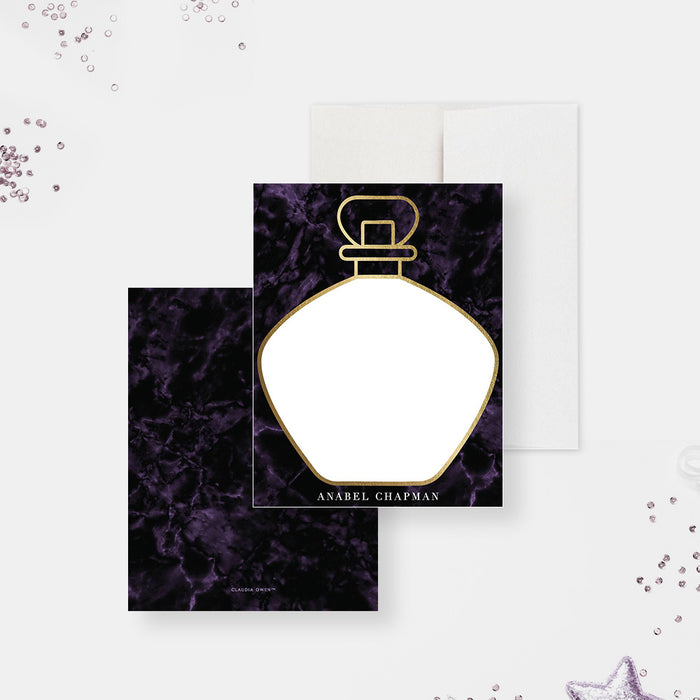 Personalized note card with gold perfume bottle design on purple marble background, featuring custom name at the bottom.
