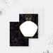 Personalized note card with gold perfume bottle design on purple marble background, featuring custom name at the bottom.
