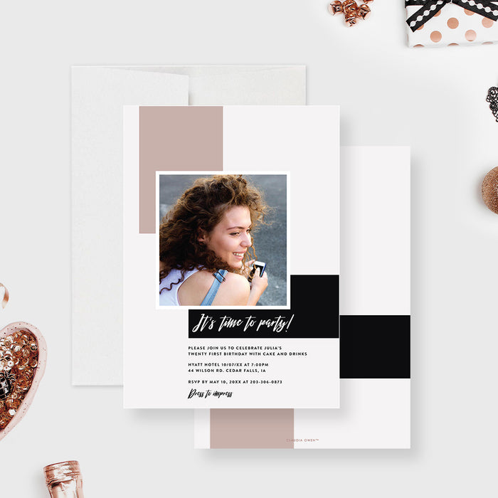 Personalized 21st birthday invitation with a photo, black and blush pink accents, and custom party details.