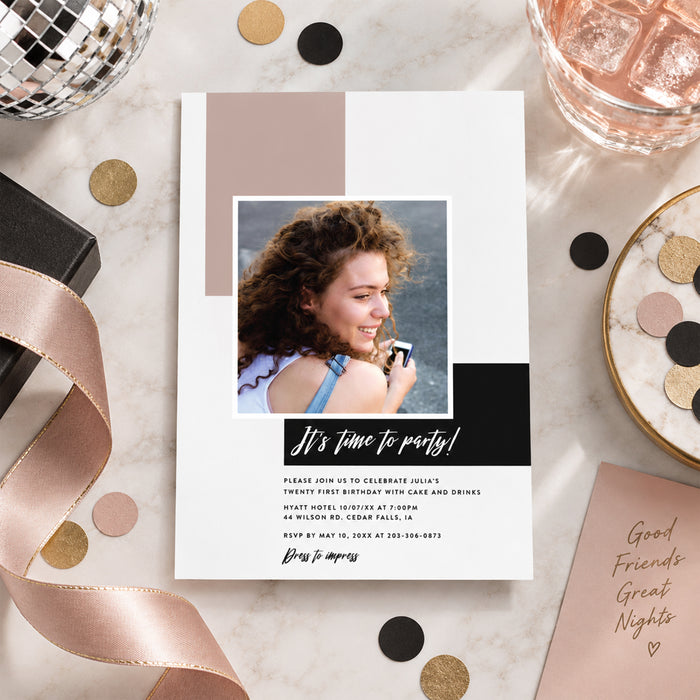 Personalized 21st birthday invitation with a photo, black and blush pink accents, and custom party details.