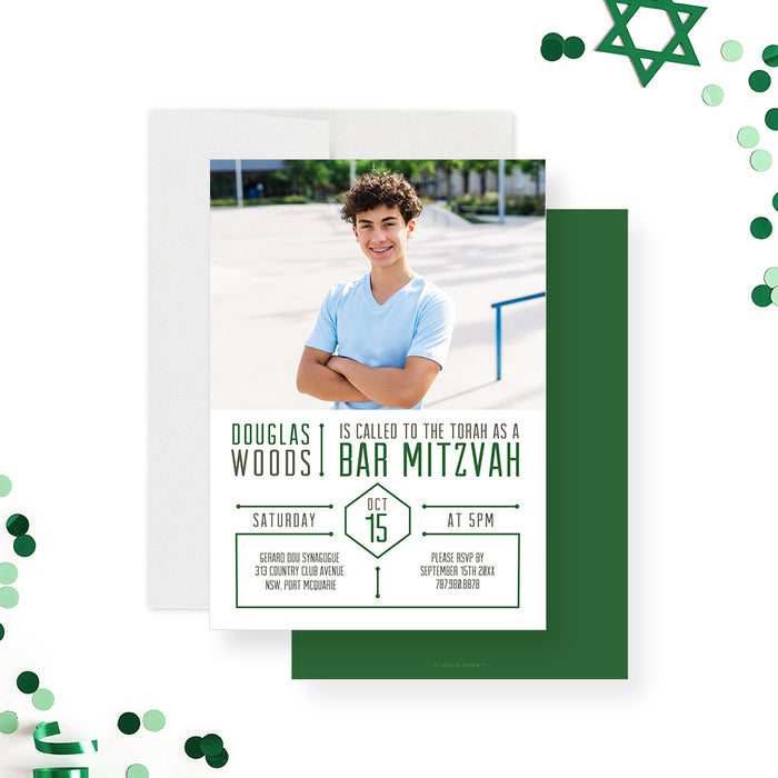 Personalized green Bar Mitzvah invitation with photo, name, and event details-front-back