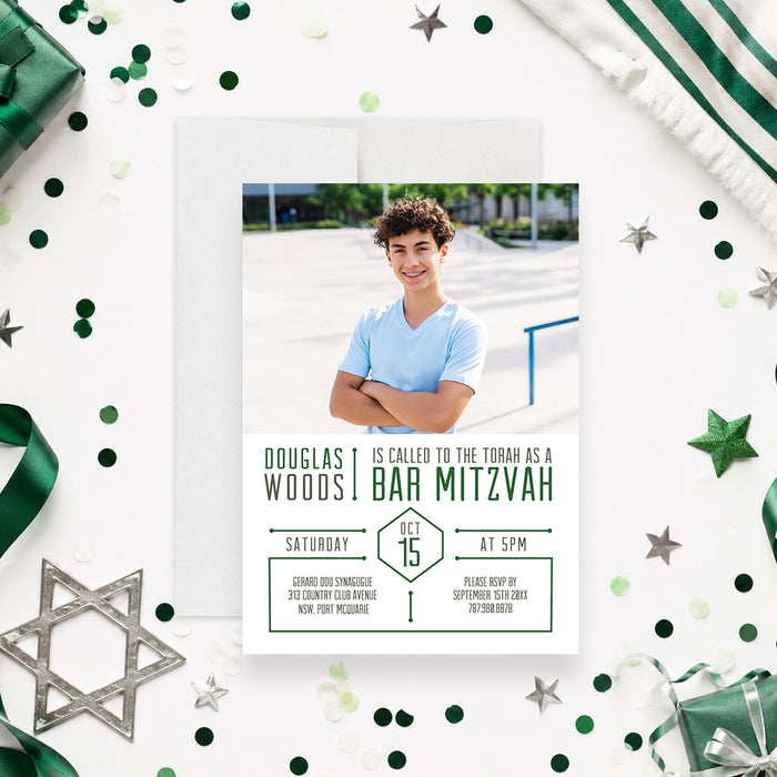 Personalized green Bar Mitzvah invitation with photo, name, and event details-front