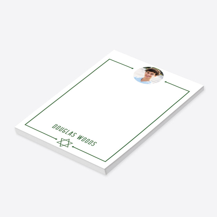 Personalized Bar Mitzvah notepad with boy’s photo, name, green border, and Star of David-side