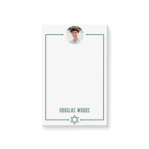 Personalized Bar Mitzvah notepad with boy’s photo, name, green border, and Star of David