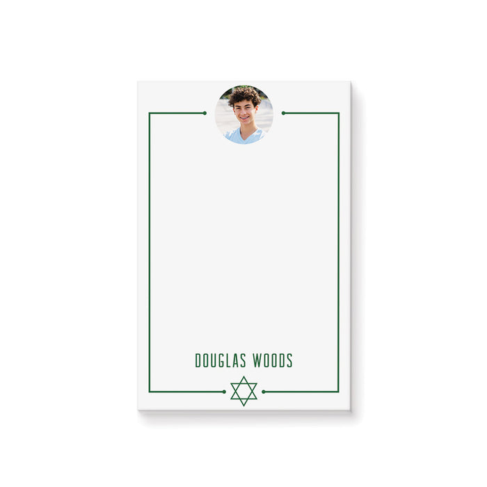 Personalized Bar Mitzvah notepad with boy’s photo, name, green border, and Star of David