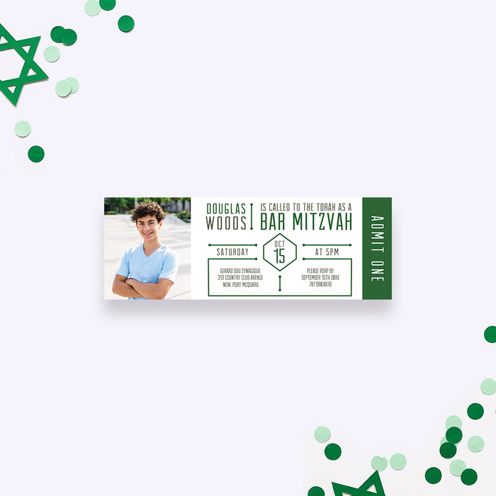 Personalized Bar Mitzvah ticket invitation with boy’s photo, name, event details, green accents, and Admit One ticket design