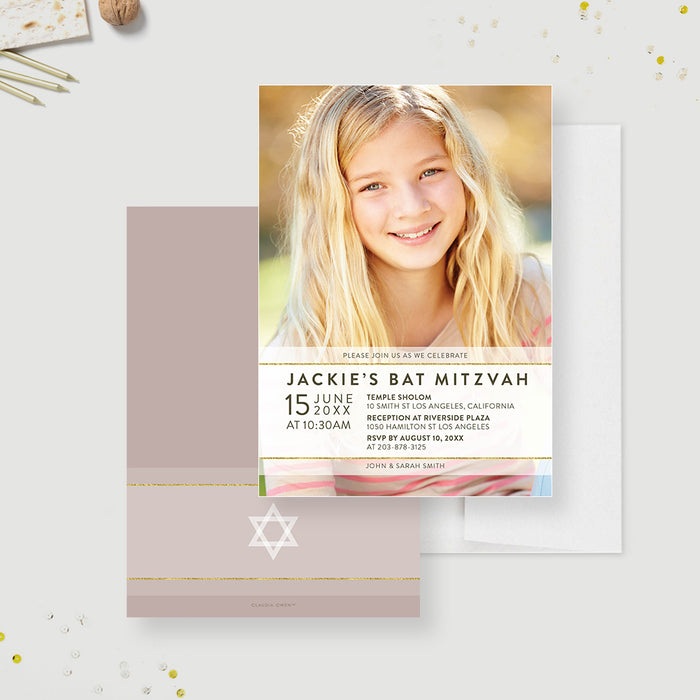 Elegant Jewish Bat Mitzvah photo invitation with minimalist design