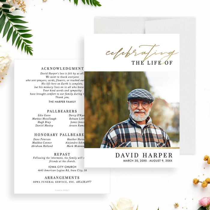 celebration of life program card with memorial photo, elegant lettering, acknowledgment section, pallbearers, repast details, and funeral service information-front-back