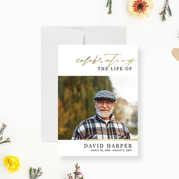 celebration of life program card with memorial photo, elegant lettering, acknowledgment section, pallbearers, repast details, and funeral service information-front
