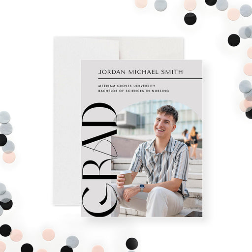 Modern graduation announcement card with photo, bold vertical GRAD typography, and personalized details-front