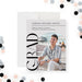 Modern graduation announcement card with photo, bold vertical GRAD typography, and personalized details-front
