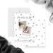 Personalized photo pregnancy announcement card with two custom pictures, Parents to Be heading, black watercolor dots and announcement message-front-back