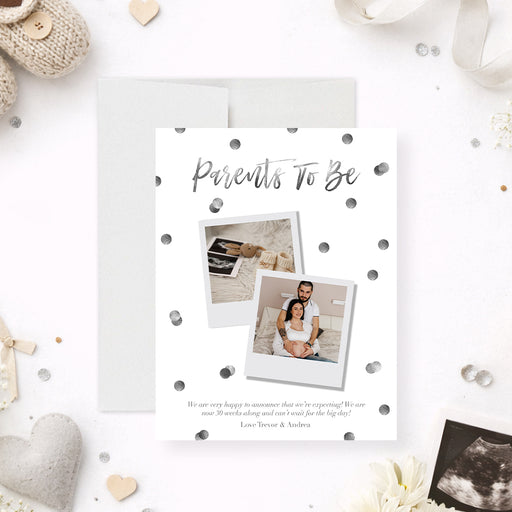 Personalized photo pregnancy announcement card with two custom pictures, Parents to Be heading, black watercolor dots and announcement message-front